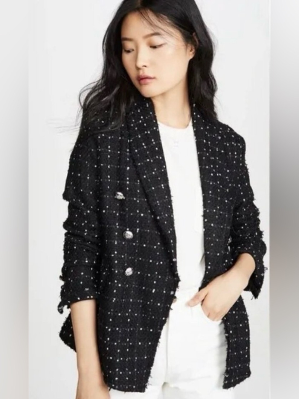 Lioness Black Tweed Double-Breasted Blazer with White Speckle